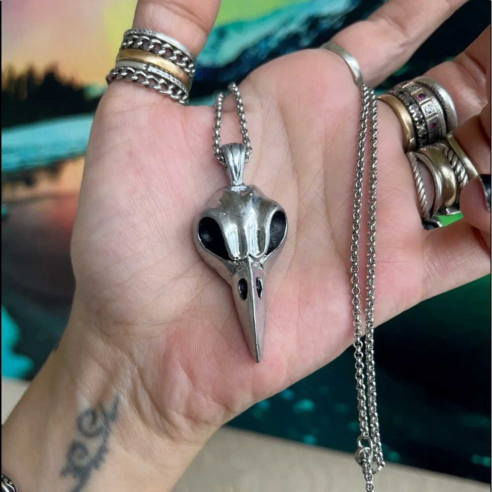 Handmade resin crow raven bird skull necklace (stainless steel chain ) boho goth - Picture 9 of 13